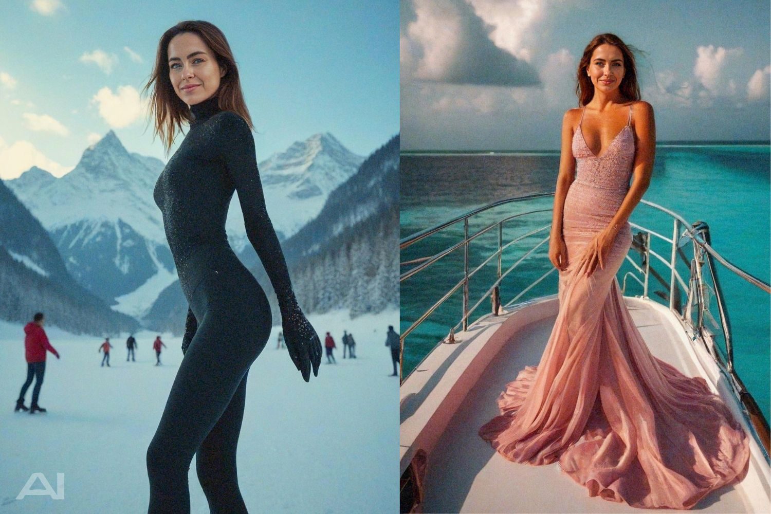 AI-generated woman in black snowsuit on mountain and in a flowing pink gown on a yacht.