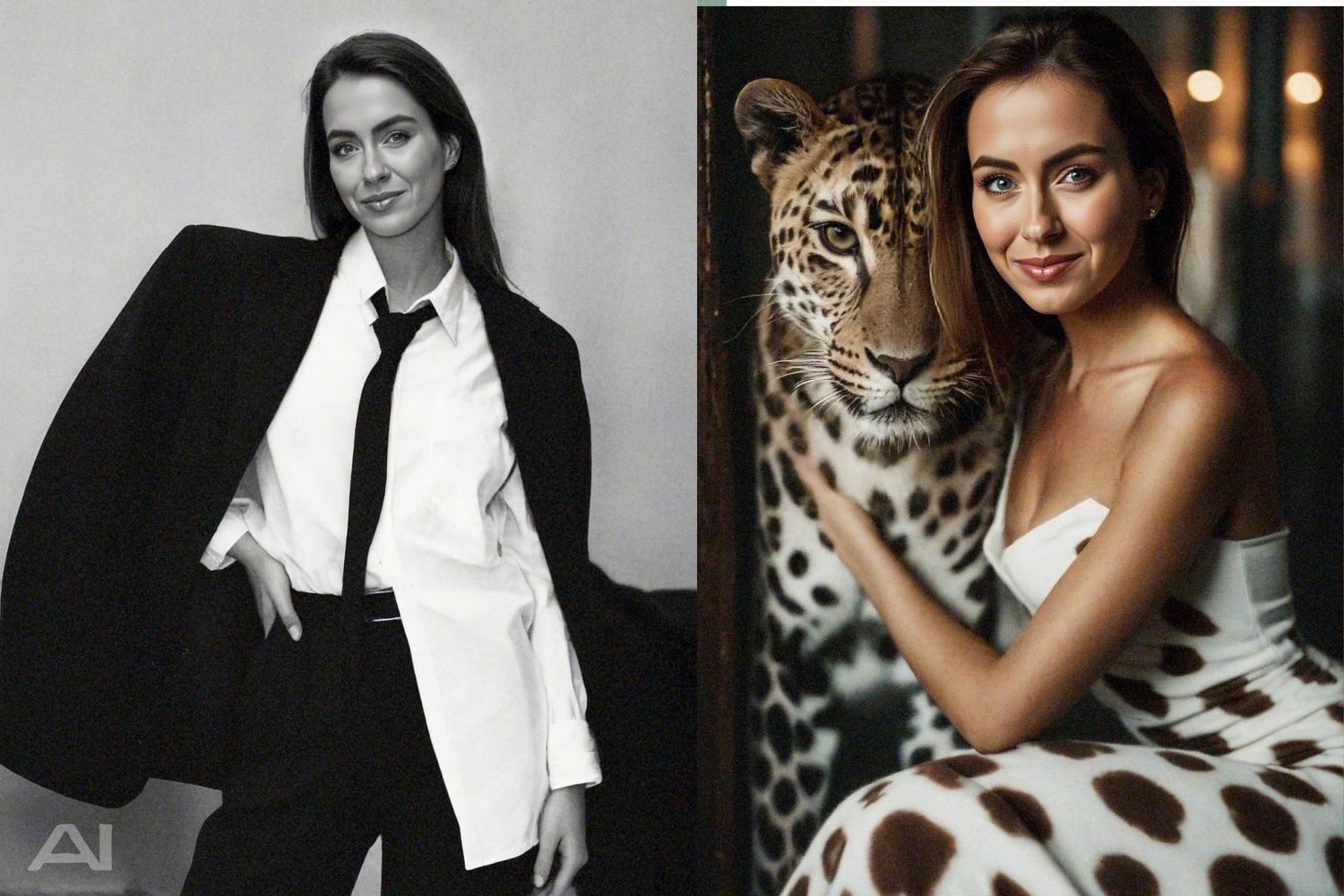 AI-generated woman in suit and tie, and in leopard-print dress beside a real leopard.