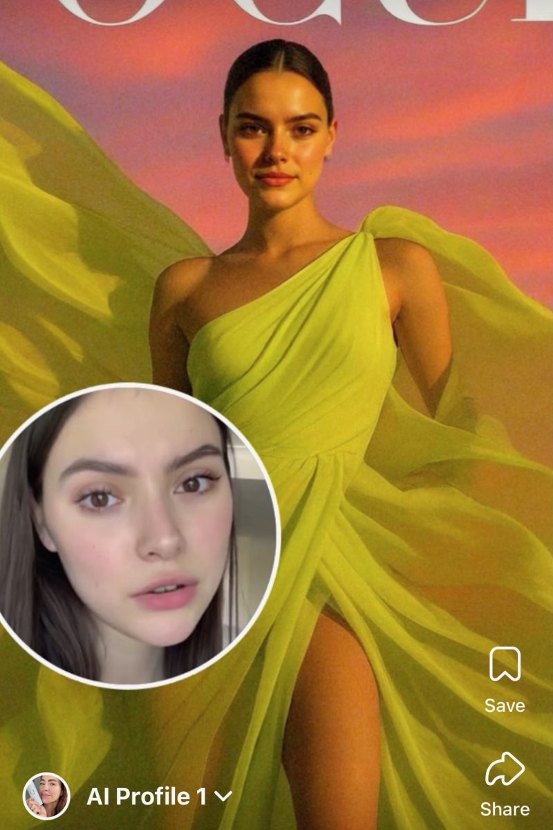 AI-styled woman in a lime green flowing gown with ‘VOGUE’ text, sunset sky and inset real face.