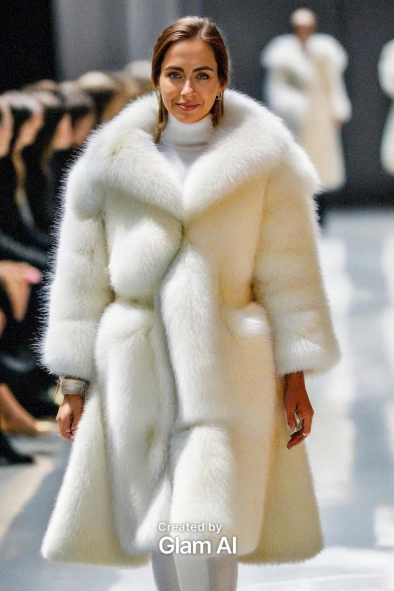 AI-generated image of woman walking a runway in a dramatic white fur coat, smiling confidently